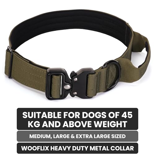 Image of Wooflix Metal Dog Collar for Training and Walks | Nylon Collar with Tactical Metal Buckle and D-Ring for Medium and Large Dogs | Dog Collar for Heavy Breed Dogs (Army Green T2, Extra Large)