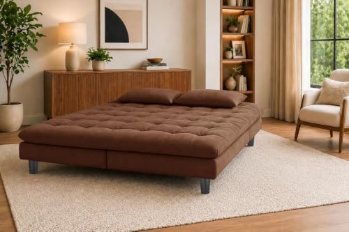 Image of 3 Seater Velvet Sofa Cum Bed, Tufted Convertible Sleeper Couch, Space-Saving Design Comfortable Cushioned Seating - Brown
