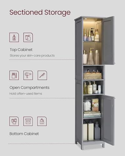 Image of VASAGLE Tall Storage Cabinet with Lights, Slim Freestanding Cabinet with Adjustable Shelves, for Small Spaces, Bathroom, Living Room, Modern, 11.8 Inches Wide, Dove Gray UBBC566G02