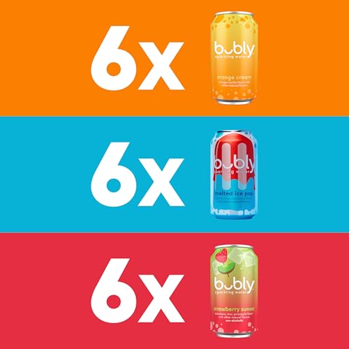 Image of bubly Sparkling Water, 3 Flavor Variety Pack, 12 fl oz Cans (18 Pack) | Melted Ice Pop, Orange Cream, Strawberry Sunset, Zero Sugar, Zero Calories, Seltzer Water