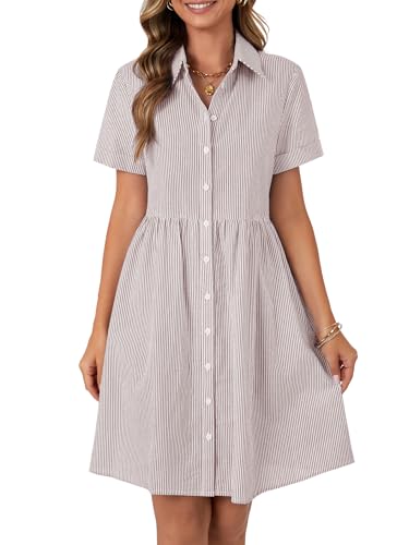 Image of Rooscier Women's Striped Shirt Dress Button Down Collared Short Sleeve Mini Dress