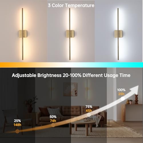 Image of Shenmoyl Battery Operated Wall Sconce Set of 2, 10400mAh Rechargeable Wall Sconces, 3000K-6000K Dimmable, 350Rotate, Indoor Wall Lights for Bedroom Living Room Bathroom, Gold, 31.5 Inch