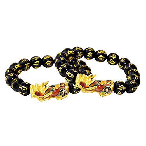 2Pcs Feng Shui Prosperidade Obsidiana Pixiu Banhado A Ouro Liga Pulseira Jóias Presente