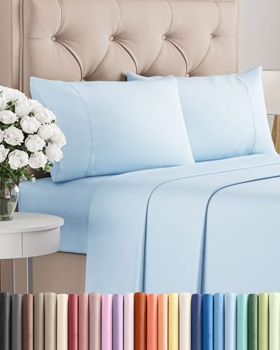 Image of Twin 4 Piece Bed Sheet Set - Comfy, Breathable & Cooling Sheets - Baby Blue | Ultra Soft Hotel Luxury Bedding Set with 8-16 Inch Deep Pockets, 1 Flat & 1 Fitted Sheet & 2 Pillowcases, Wrinkle & Fade Free