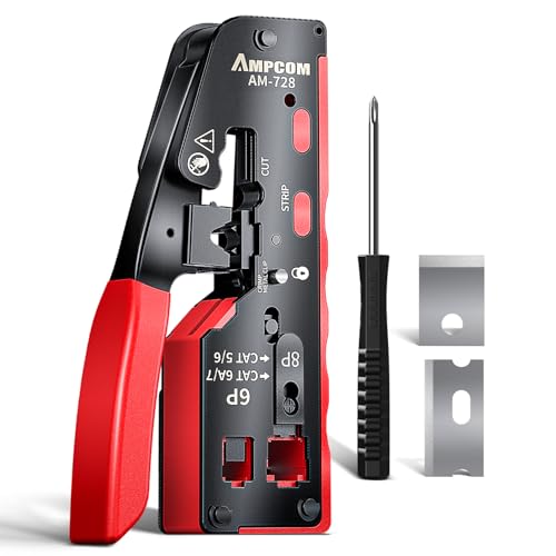 AMPCOM Pass Through RJ45 Crimp Tool, All-in-one Ethernet Crimper, Crimping for STP UTP RJ45/ RJ11 Cat8 Cat7 Cat6A Cat6 Cat5e Cat5 Connectors, AM-728RD