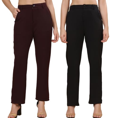 Image of Pack of 2 Women's Regular Fit Solid Cotton Blend Trousers - Soft, Breathable & Stretchable Bottom Wear for Office, Casual Outings & Daily Comfort