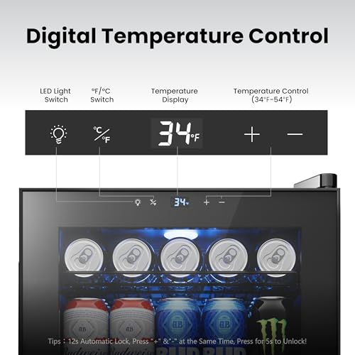 Image of Yeego Beverage Refrigerator, 85 Can Mini Fridge with Glass Door, Digital Temperature Control 34F-54F, Countertop Drink Cooler for Soda, Beer and Wine, Black