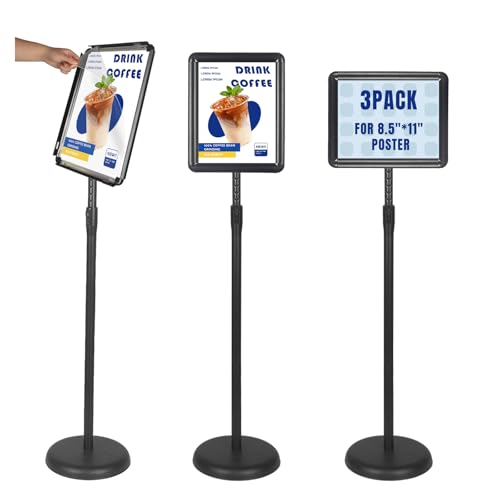 HUAZI 3PACK Sign Stand Holder Floor Sign Holder with Base for 8.5x11 inches,Both Vertical & Horizontal View Displayed,Snap-Open Frame with Safety Corner for School Church,Black