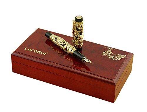 Jinhao Dragon Phoenix 3D Embossment Gold Color Fountain Pen Fine Nib Chinese Ruyi Clip Wooden Gift Box #TOP4