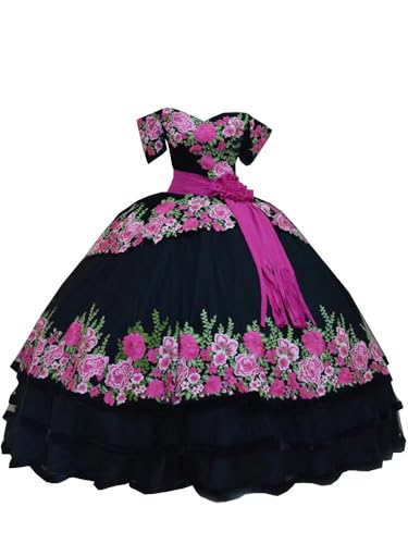 Mollybridal Black Ball Gown Prom Dresses Off Shoulder Velvet Hot Pink Floral Flower Corset Quinceanera Evening Dress 2025