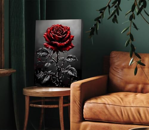 Image of Framed Red Rose & Crow Wall Art 12x16 inch,Vintage Flowers Canvas Wall Art,Dark Academia Botanical Poster Prints,Romantic Rose Floral Decor for Living Room,Bedroom,Bathroom