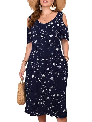 Image of LARACE Plus Size Women Dress for Summer, Midi Women's Sundress, Casual V-Neck Short Sleeve Flowy T-Shirt Dresses with Pockets