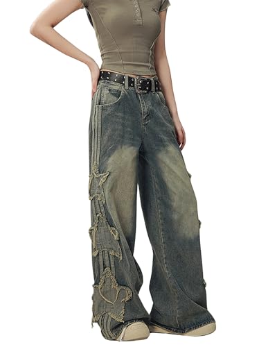 BAIMORE Women's Y2k Grunge High Waist Washed Distressed Star Patch Wide Leg Baggy Jeans