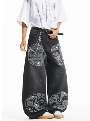 Image of DFGIGT Mens Baggy Jeans Wide Leg Denim Pants Y2k Loose Fit Streetwear | Hip Hop,Vintage 2000s,Jinco Jeans,Straight Leg,5 Pockets
