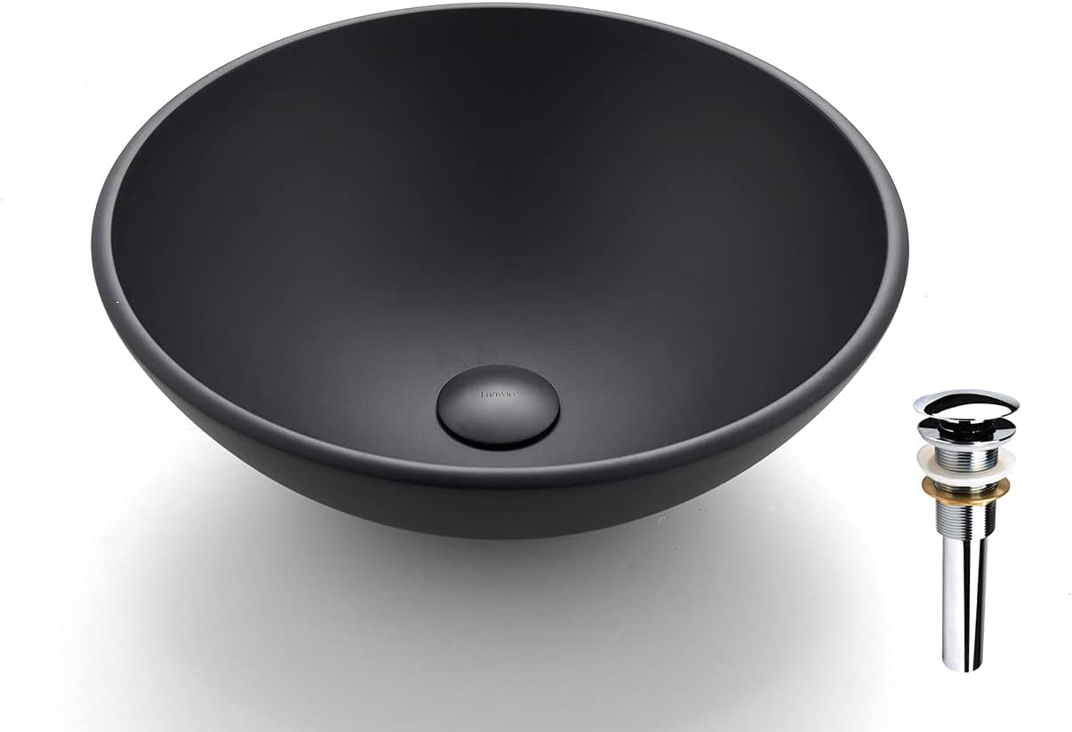 Phoenix Series Round Tempered Deco Glass Vessel Bathroom Sink in Black Matt | Top Mount Sinks Above Countertop | Vanity Countertop Sink Bowl with Pop Up Drain | FW-LA630