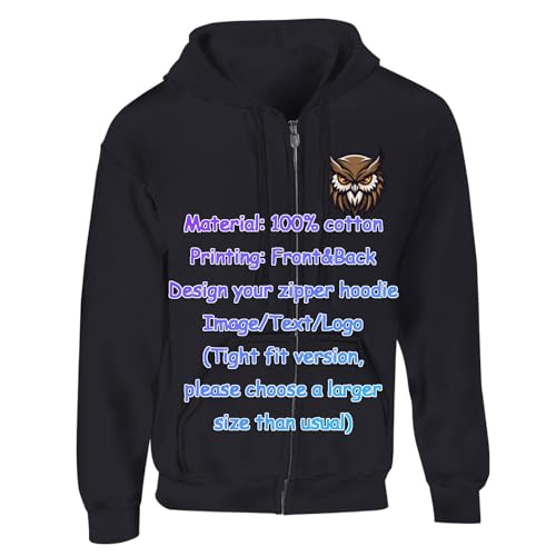 Custom Zip Up Cotton Hoodie Jacket, Personalized Full-Zip Hooded Sweatshirt with Pockets For Men Women