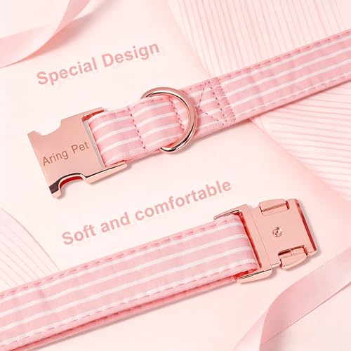 Image of ARING PET Girl Dog Collar for Puppy Small Medium Large Dogs-Pink Stripe L | Cute Female Heavy Duty Pet Collars with Metal Buckle for XS S M L XL Dogs, for City Walk Coffee Shop Visit Party Stroll