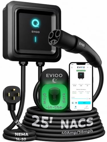 EVIQO NACS Charger for Tesla 40 Amp 240V Plug-in Level 2 EV Charger w NEMA 14-50 Plug, Wall EV Charger Level 2, 25ft Cable, WiFi (2.4 GHz) Smart App Weatherproof Outdoor (IP66,NEMA 4) UL ETL Certified
