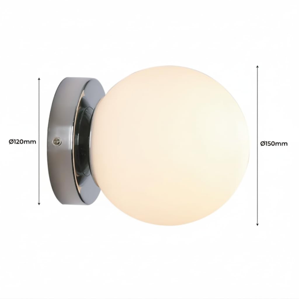 BARCELONA LED Wandleuchte Kugel Glas AVA IP44 E27, Wandlampe Kugel aus Opalglas, Badezimmer & Innenbereich Leuchte, klassisch modernes Design Chrom, dekorative Wandbeleuchtung für Bad Flur