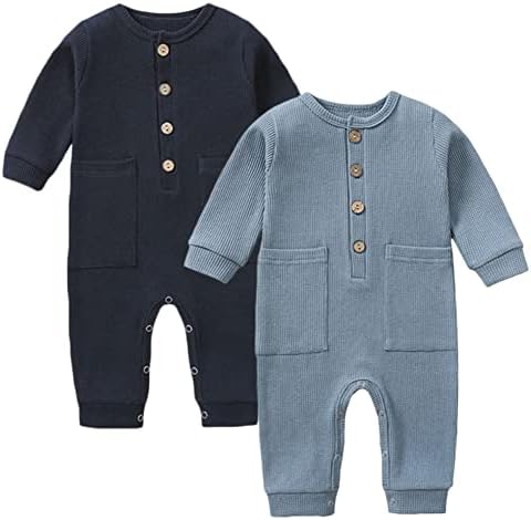 Yookoom Baby Boys Girls 2 Pack Solid Romper Ribbed Long Sleeve One-Piece Knit Cotton Jumpsuit Outfits Clothes,Blue+Dark Blue,6-12M