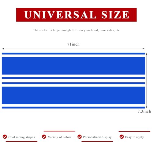 Image of 2 PCS Car Hood Sticker, 70.9 inch x 7.3 inch Waterproof Racing Stripes Auto Body Side Decals, Sports Style Hood Sticker Exterior Decoration for Most Vehicles, Car Accessories (Blue)