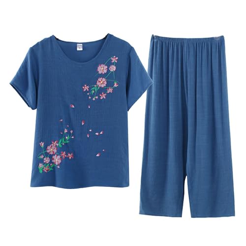 Image of FindThy Women's 2 Piece Linen Outfits Short Sleeve Floral Print Lounge Sets Crewneck Summer Suits