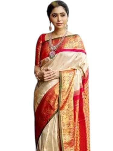 Image of Flosive Women's Kanjivaram Silk Saree With Beautiful Blouse With Zari Border