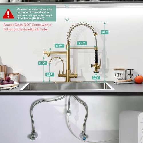 Image of Fapully Brushed Gold Commercial Kitchen Faucet with Pull Down Sprayer | Water Filter Spout,3 in 1 Kitchen Faucets with Drinking Water Faucet for 1 or 3 Holes Sink