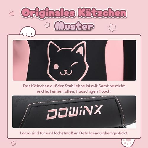 Dowinx Gaming Stuhl - Süße Katze Edition - Ergonomischer Computerstuhl mit Hoher Rückenlehne und Lendenwirbelstütze, PU-Leder, Fußstütze, Schwarz – Bild 6