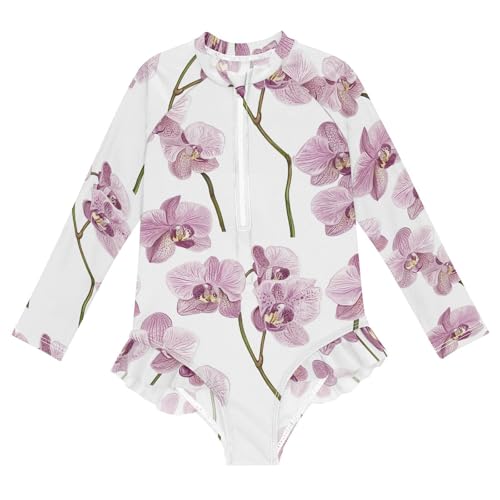 KLL Vintage Orchid White Girl Swimsuit Long Sleeve Rash Guard Swimsuits for Girls Surfing Swimsuits
