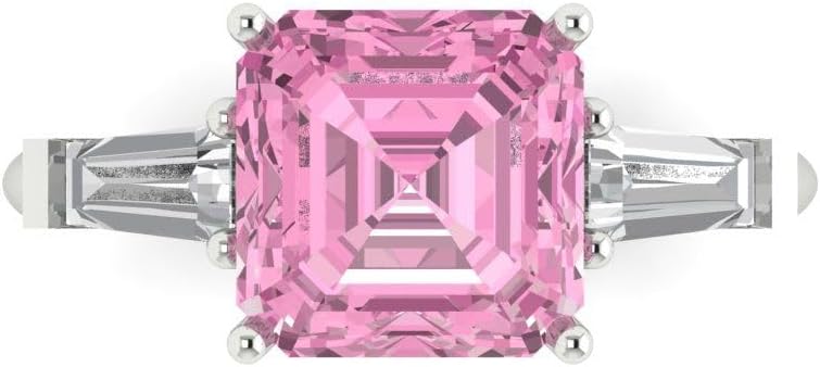 Clara Pucci 14K Solid Gold Engagement Ring for Women | 3 cttw Pink Diamond Asscher Cut Three-Stone | Real White Gold Wedding Ring