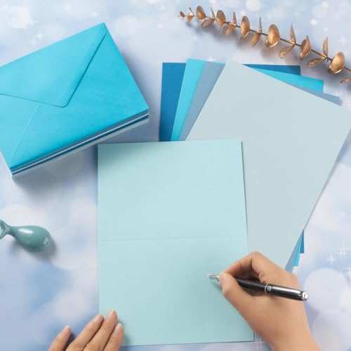50 Pack Blue A7 Envelopes with Blank Cards Set, Envelopes 5 Colors with 5x7 Cardstock and Gold Stickers for Wedding Invitations (Blue, 5x7)