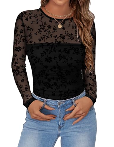 Zeagoo Women Mesh Tops Lace Sheer Long Sleeve Boho Blouses Crew Neck...