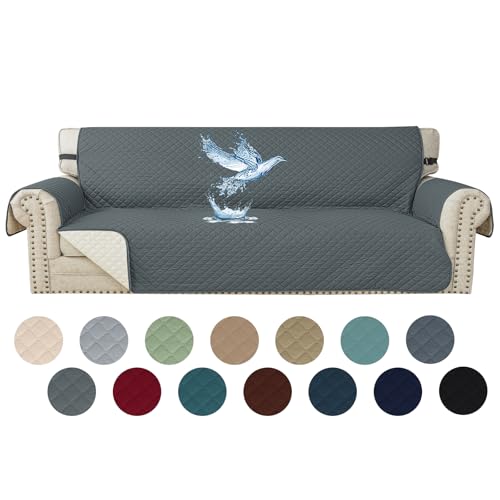 YSTELLAA Impermeable Funda Sofa 4 Plazas, Fundas para Sofa Antideslizante, Extraíbles, con Bolsillos Lateral, Anti Gatos Arañazo Y Perros Mascotas, Antimanchas Lavables, Gris Oscuro