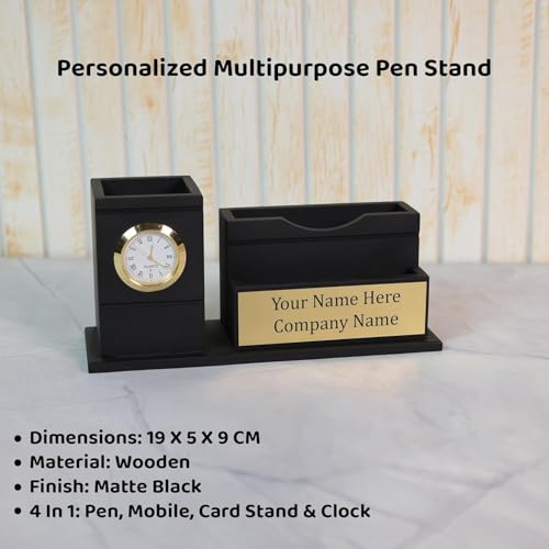 Image of EpicLane Wooden Pen Holder with Clock, Infinity Calendar, Visiting Card Holder & Mobile Stand | Desk Organizer (Vintage - Black)