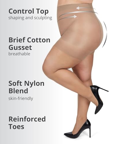 Image of MeMoi Energizing Plus Size Curvy Control Top Pantyhose for Women, Semi Opaque Pantyhose, Lightweight Womens Stockings