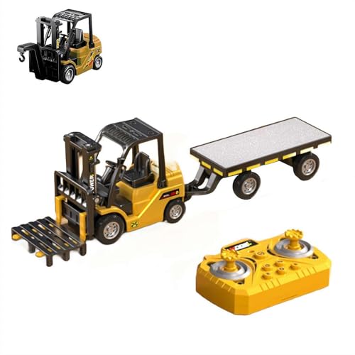 1/64 Full Proportional RC Forklift Toy 2 in 1 Transformable Lift Fork & Hook with Lights & Sounds Mini Remote Control Forklift Truck with Flatbed Tow Truck Christmas Birthday Gift