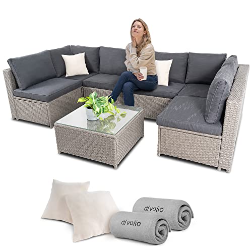 di volio Gartenmöbel-Set Torino aus Polyrattan, 6 Module und 1 x Couchtisch, inkl. Verbinder, Polsterauflagen, Rückenlehnen-Kissen, Fleece-Decke und 2 Kopfkissen