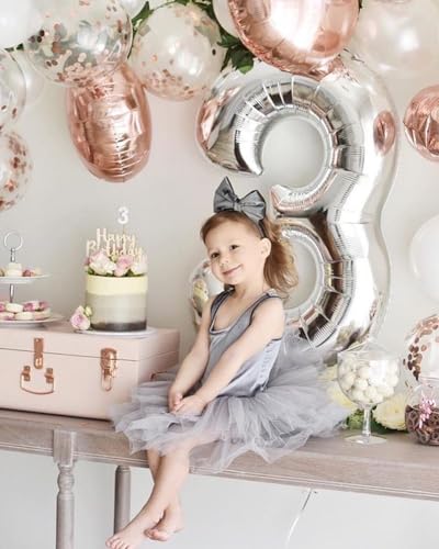 Image of Number Balloons Silver 3 Balloon 40 inch for 3rd Birthday Party Decorations | Saturated Color, Large 40 inch, With Straw & Hanging Hole, For Back-To-School Season, Anniversary, Christmas, New Year