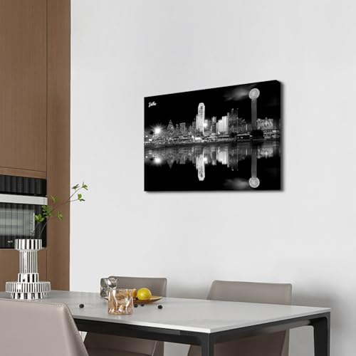 Image of Night Cityscape Wall Art for Bedroom Black and White Wall Decor State of Dallas Texas Skyline Pictures Canvas Prints Modern City Downtown Poster Artwork for Living Room Decoration 16x24 inch Ready to Hang