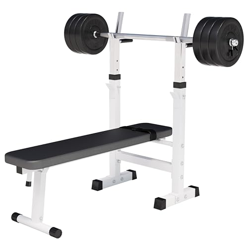 GORILLA SPORTS® Banco de pesas – Incluye juego de pesas 38/70/100 kg, estante, estación de inmersión, altura regulable, plegable, hasta 200 kg, negro/blanco – Banco de entrenamiento con juego de