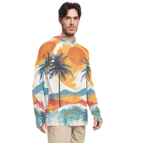 xigua Sunset Palm Tree Men's UPF 50+ Sun Shirts Quick Dry Sun Protection Hoodie With Long Sleeve 16272