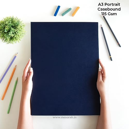 Image of MENORAH Paper Artist Sketch Book - A3-115 Gsm (160 Pages / 80 Sheets) Drawing Notebook - Hard Bound Book - (42 Cm X 29.7 Cm) - Completely Handmade - Portrait-Dark Blue, Watercolor