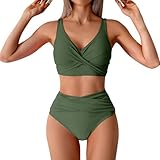 Bikini Talla Grande Bikini Parte de Arriba Mujer Women's Sporty Two Piece Swimsuits High Waisted Athletic Sets For Women Bathing Suit with Red Point Mujer Traje de Baño (Green L)