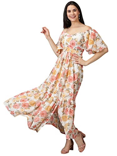 Image of SHOWOFFFF Women Printed Fit and Flare Casual Dress | V Neck Half Sleeves Chiffon Dress for Womens | Maxi Dress for Women's