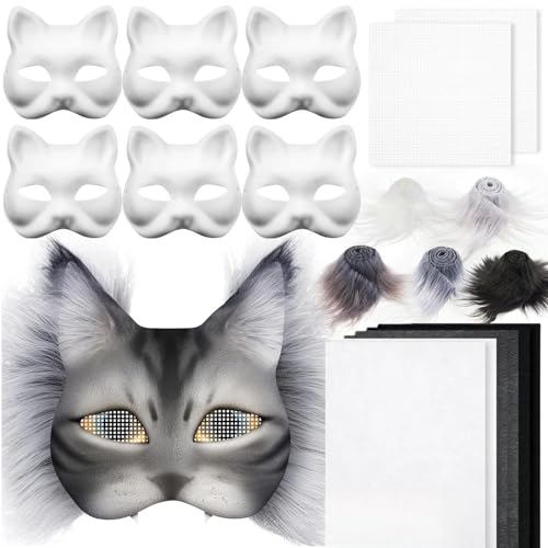 Masque Chat Diy Therian Ensemble, 6 Masque Halloween, Masque Bal Masqué, MatéRiau Papier, Livré Avec De La Fausse Fourrure,De La Maille Et Du Feutre Convient Pour Halloween,Mascarade,Jeu De RôLe (B)