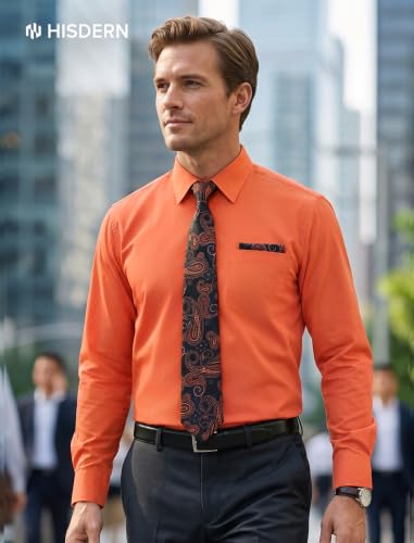 Image of HISDERN Mens Dress Shirt with Tie Pocket Square Set Classic Button Down Shirt Matching Tie Long Sleeve Shirts
