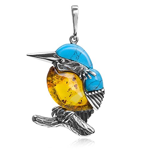 Ian And Valeri Co. Sterling Silver Amber Blue Turquoise Kingfisher Bird Pendant Necklace 18 Inches #TOP1