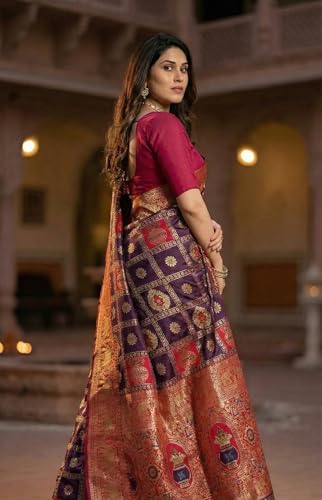Image of C J Enterprise Women's Kanjivaram Silk Saree Woven Patola Banarasi Soft Sarees Zari With Blouse Piece (Hathi Patola)