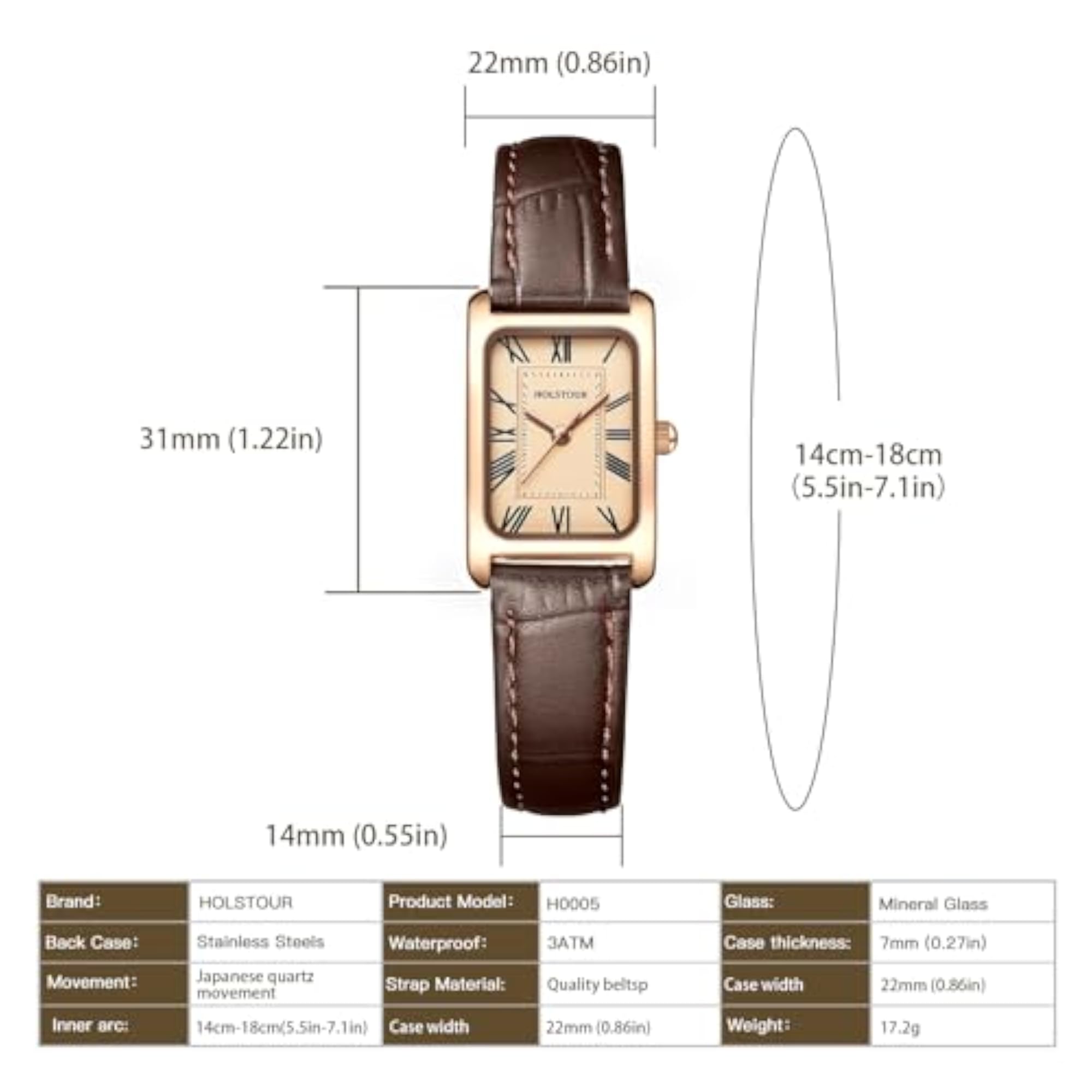 Women's Rose Gold Rectangular Case Leather Watch